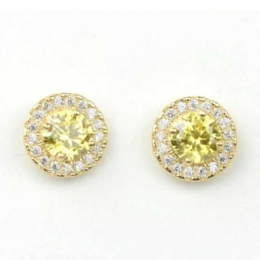 14k Solid White/Yellow  Gold Halo CZ Earrings